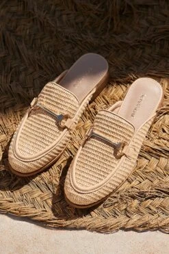 Natural Raffia Gold Trim Mule Loafers