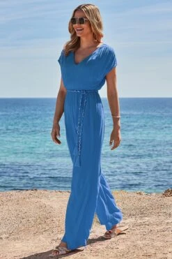 Azure Blue Tassel Belted Jumpsuit