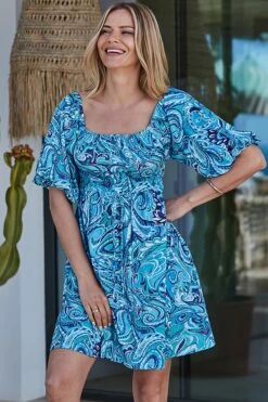 Blue Paisley Print Puff Sleeve Jersey Dress -Sosandar Fashion Store web 2404 93 s24dj108becv01 93 11453