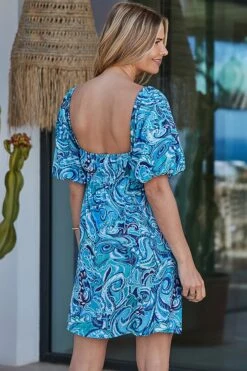 Blue Paisley Print Puff Sleeve Jersey Dress -Sosandar Fashion Store web 2404 93 s24dj108becv01 93 11486