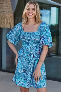 Blue Paisley Print Puff Sleeve Jersey Dress -Sosandar Fashion Store web 2404 93 s24dj108becv01 93 11545