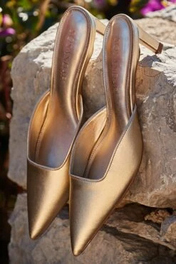 Gold Leather Kitten Heel Mules