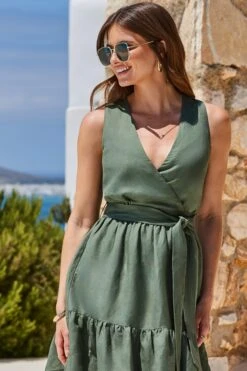 Khaki Green Linen Blend Faux Wrap Dress -Sosandar Fashion Store web 2405 01 s24dw113kh0001 01 106
