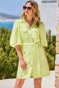 Lemon Yellow Linen Blend Utility Shirt Dress