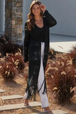 Black Crochet Tassel Detail Maxi Cardigan