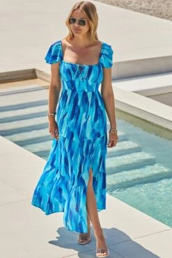 Petite Ocean Blue Print Flutter Sleeve Maxi Dress
