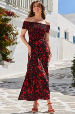 Black Floral Print Shirred Body Bardot Maxi Dress