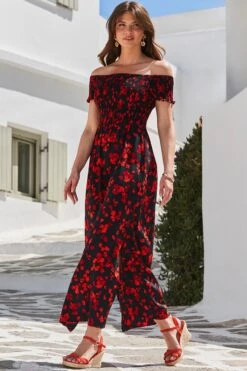 Black Floral Print Shirred Body Bardot Maxi Dress 10 Black Floral Print Shirred Body Bardot Maxi Dress -Sosandar Fashion Store web 2405 114 ss18ds98bkfl01 114 115