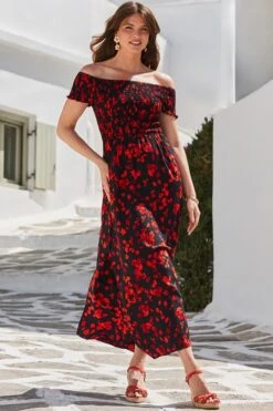 Black Floral Print Shirred Body Bardot Maxi Dress 11 Black Floral Print Shirred Body Bardot Maxi Dress -Sosandar Fashion Store web 2405 114 ss18ds98bkfl01 114 156