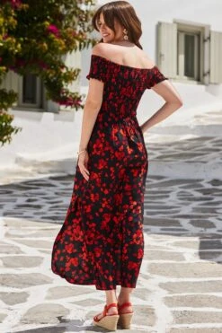 Black Floral Print Shirred Body Bardot Maxi Dress 12 Black Floral Print Shirred Body Bardot Maxi Dress -Sosandar Fashion Store web 2405 114 ss18ds98bkfl01 114 188