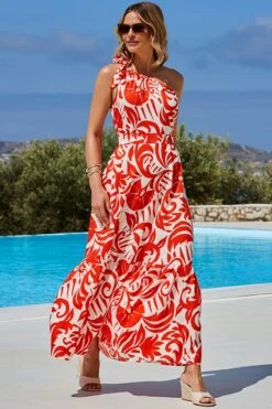 Red & Ivory Summer Print One Shoulder Maxi Dress