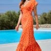 Orange Spot Print Ruffle Detail Maxi Dress 1 Orange Spot Print Ruffle Detail Maxi Dress -Sosandar Fashion Store web 2405 14 s24dj186oe0001 14 019