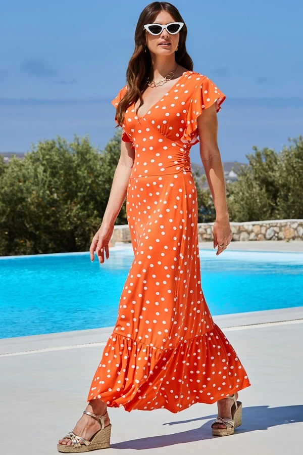 Orange Spot Print Ruffle Detail Maxi Dress 3 Orange Spot Print Ruffle Detail Maxi Dress