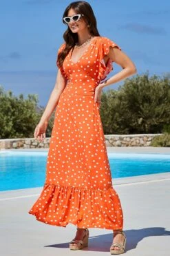 Orange Spot Print Ruffle Detail Maxi Dress 11 Orange Spot Print Ruffle Detail Maxi Dress -Sosandar Fashion Store web 2405 14 s24dj186oe0001 14 056