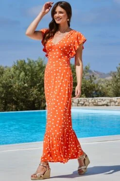 Orange Spot Print Ruffle Detail Maxi Dress 14 Orange Spot Print Ruffle Detail Maxi Dress -Sosandar Fashion Store web 2405 14 s24dj186oe0001 14 116