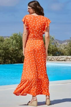 Orange Spot Print Ruffle Detail Maxi Dress 12 Orange Spot Print Ruffle Detail Maxi Dress -Sosandar Fashion Store web 2405 14 s24dj186oe0001 14 174