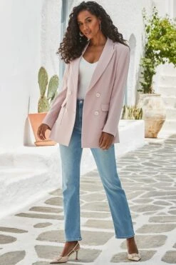 Soft Pink Double Breasted Longline Blazer