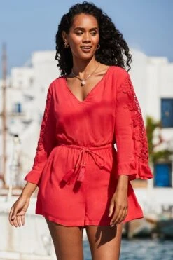 Coral Crochet Sleeve Tassel Detail Playsuit 10 Coral Crochet Sleeve Tassel Detail Playsuit -Sosandar Fashion Store web 2405 48 s24jw049rd0022 48 181