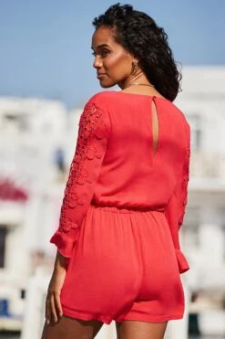 Coral Crochet Sleeve Tassel Detail Playsuit 9 Coral Crochet Sleeve Tassel Detail Playsuit -Sosandar Fashion Store web 2405 48 s24jw049rd0022 48 256