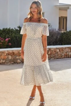 White & Black Spot Print Bardot Tiered Maxi Dress 12 White & Black Spot Print Bardot Tiered Maxi Dress -Sosandar Fashion Store web 2405 53 s24dw137whsp01 530804