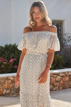 White & Black Spot Print Bardot Tiered Maxi Dress 11 White & Black Spot Print Bardot Tiered Maxi Dress -Sosandar Fashion Store web 2405 53 s24dw137whsp01 530879