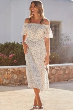 White & Black Spot Print Bardot Tiered Maxi Dress 14 White & Black Spot Print Bardot Tiered Maxi Dress -Sosandar Fashion Store web 2405 53 s24dw137whsp01 530905