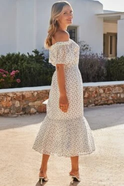 White & Black Spot Print Bardot Tiered Maxi Dress 13 White & Black Spot Print Bardot Tiered Maxi Dress -Sosandar Fashion Store web 2405 53 s24dw137whsp01 530934