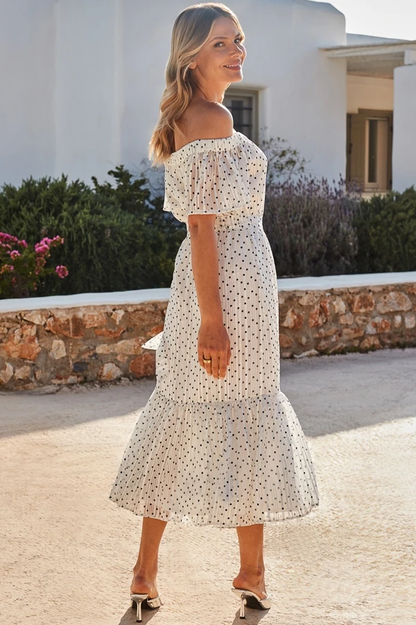 White & Black Spot Print Bardot Tiered Maxi Dress 7 White & Black Spot Print Bardot Tiered Maxi Dress - Image 5