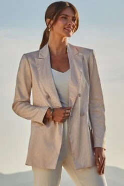 Champagne Gold Animal Jacquard Satin Double Breasted Blazer