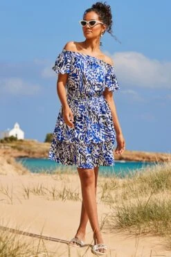 Blue Animal Print Frill Detail Bardot Crinkle Dress 11 Blue Animal Print Frill Detail Bardot Crinkle Dress -Sosandar Fashion Store web 2405 70 s24rw067blan01 70 032