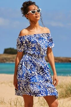 Blue Animal Print Frill Detail Bardot Crinkle Dress 13 Blue Animal Print Frill Detail Bardot Crinkle Dress -Sosandar Fashion Store web 2405 70 s24rw067blan01 70 088