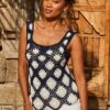 Navy Blue & White Floral Crochet Knit Vest Top