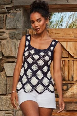 Navy Blue & White Floral Crochet Knit Vest Top -Sosandar Fashion Store web 2405 80 s24tk816bewe01 800075 rc