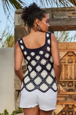 Navy Blue & White Floral Crochet Knit Vest Top -Sosandar Fashion Store web 2405 80 s24tk816bewe01 800107 rc