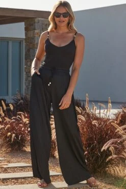 Black Plisse Relaxed Fit Wide Leg Trousers