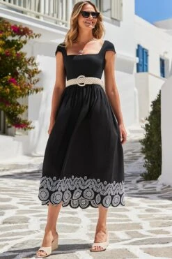 Black Embroidered Hem Square Neckline Midi Dress 12 Black Embroidered Hem Square Neckline Midi Dress -Sosandar Fashion Store web 2405 92 s24dj088bk0001 926485