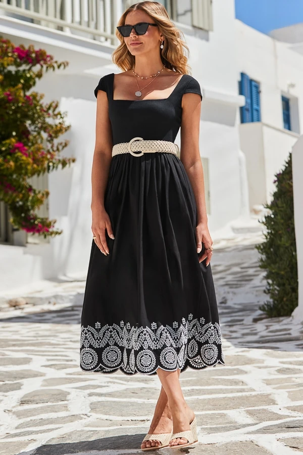 Black Embroidered Hem Square Neckline Midi Dress 3 Black Embroidered Hem Square Neckline Midi Dress