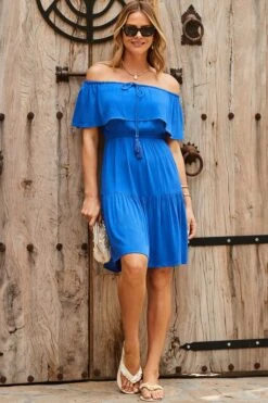 Bright Blue Frill Detail Bardot Dress -Sosandar Fashion Store web 2406 19 s24dw193bl0001 19 002
