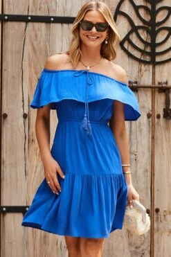 Bright Blue Frill Detail Bardot Dress