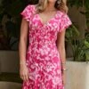 Pink Floral Print Fluted Hem Dress -Sosandar Fashion Store web 2406 20 s24dj165pkfl01 20 047