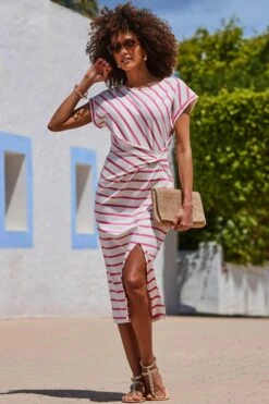 Pink Stripe Print Twist Detail Dress