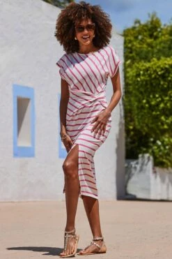 Pink Stripe Print Twist Detail Dress -Sosandar Fashion Store web 2406 51 s24dj169pkst01 51 123