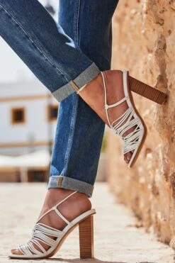 White Gladiator Square Toe Block Heel Sandals