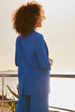 Cobalt Blue Ruched Sleeve Longline Blazer -Sosandar Fashion Store web 2406 56 s24bw092be0001 s24ow109be0001 56 256 rt