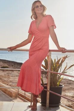 Pink Chevron Faux Wrap Ruffle Hem Maxi Dress