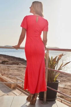 Bright Coral Chevron Lace Fit & Flare Dress -Sosandar Fashion Store web 2406 61 sedrj016oe0008 61 133 rc2