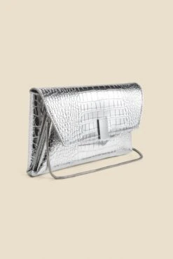 Silver Metallic Croc Clutch Bag With Clasp -Sosandar Fashion Store web 2406 box a24ac016mc0005 silver 2