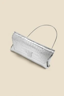 Silver Metallic Croc Clutch Bag With Clasp -Sosandar Fashion Store web 2406 box a24ac016mc0005 silver 3