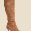 Camel Faux Suede Knee High Flared Heel Boots 2 Camel Faux Suede Knee High Flared Heel Boots -Sosandar Fashion Store web 2406 box a24fw031be0040 3