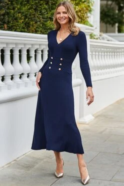 Navy Blue Knitted Button Detail Fit & Flare Midaxi Dress